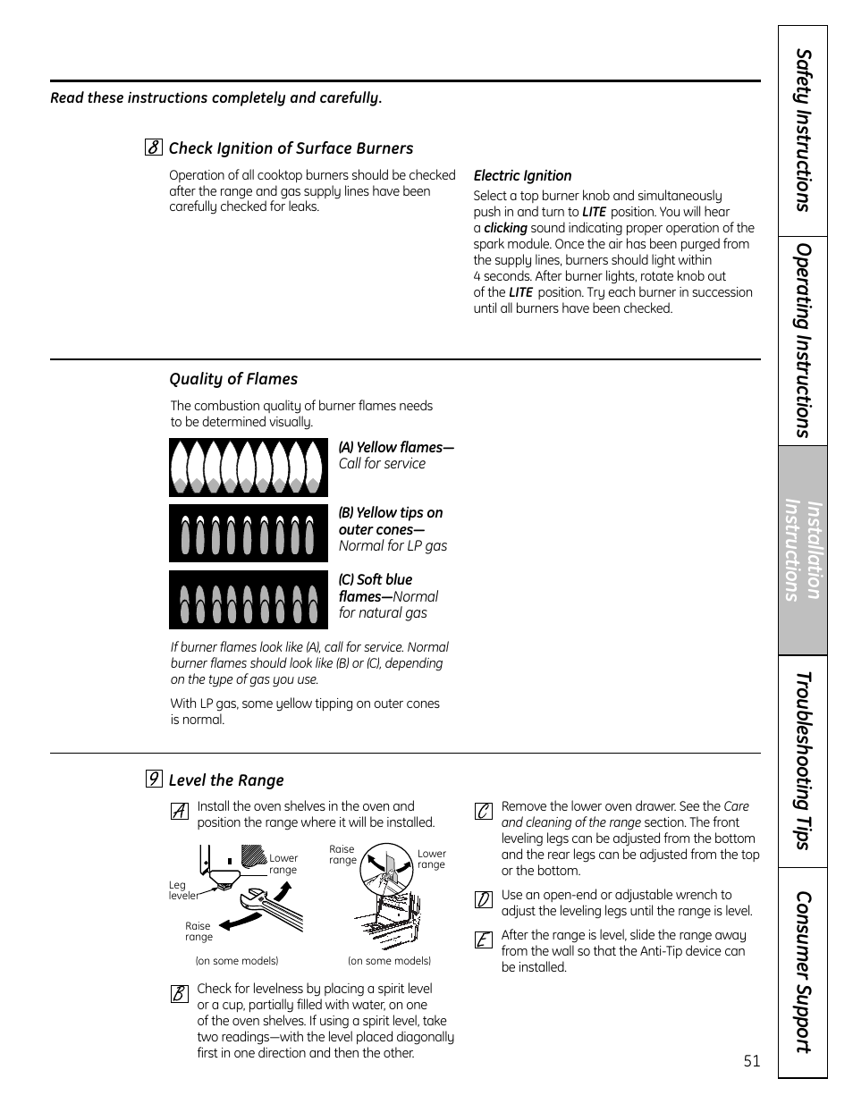 Check ignition of surface burners, Level the range, Check ignition of surface burners , 51 | GE C2S980 User Manual | Page 51 / 64