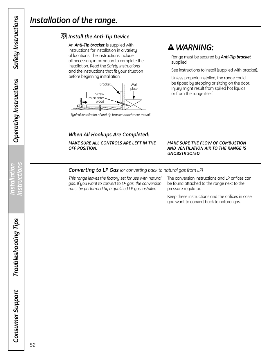 Anti-tip device, Warning, Installation of the range | GE C2S980 User Manual | Page 52 / 64