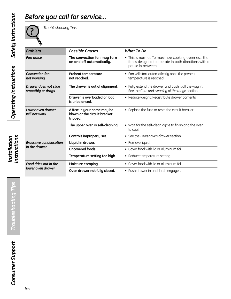 Before you call for service | GE C2S980 User Manual | Page 56 / 64