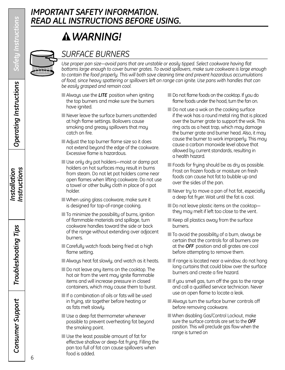 Warning, Operating instructions | GE C2S980 User Manual | Page 6 / 64