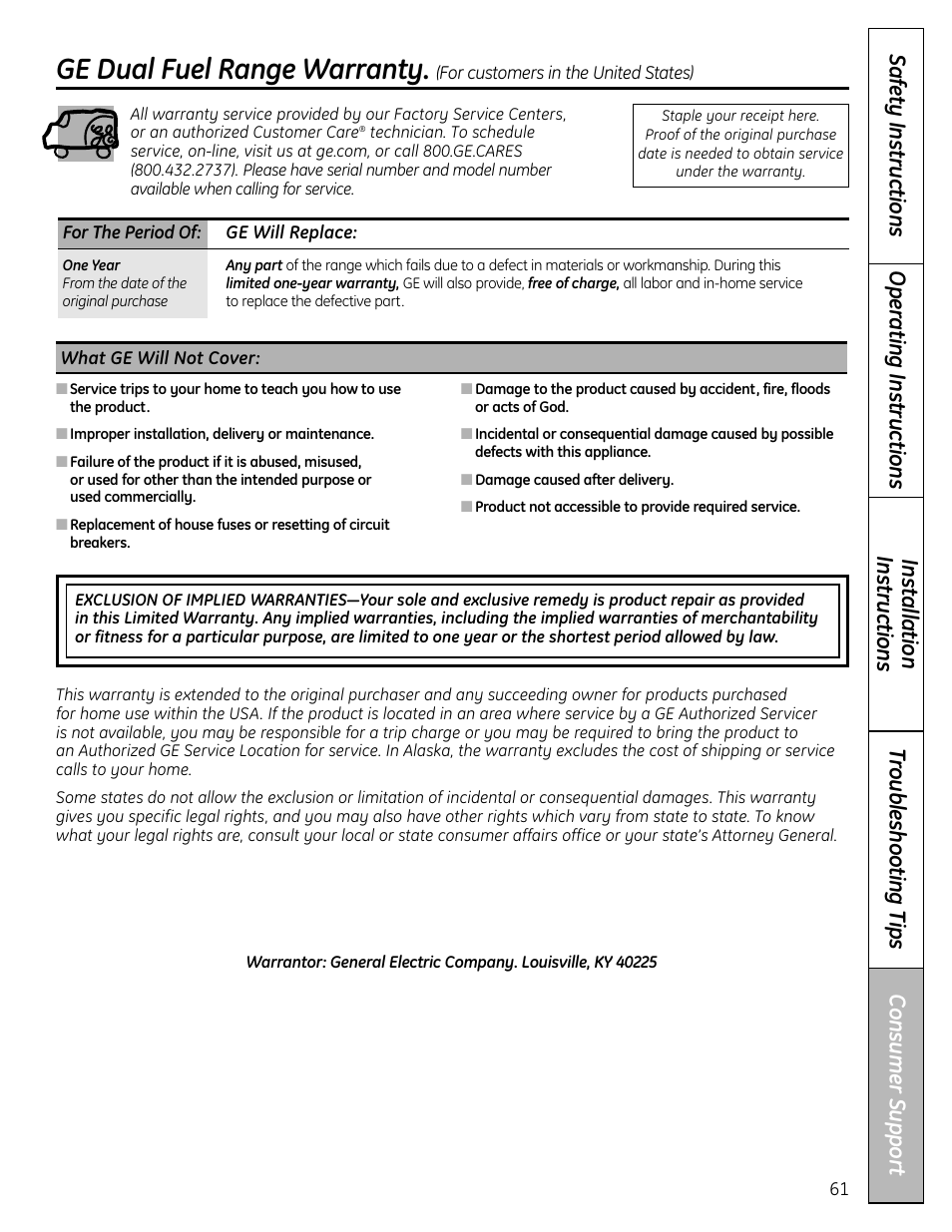 Product registration, Warranty for customers in the u.s.a, Product registration , 62 | Ge dual fuel range warranty | GE C2S980 User Manual | Page 61 / 64