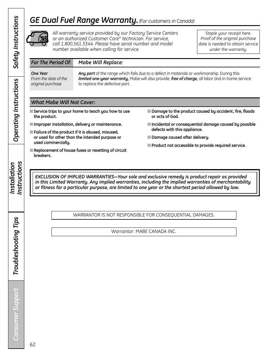 Warranty for customers in canada, Ge dual fuel range warranty | GE C2S980 User Manual | Page 62 / 64