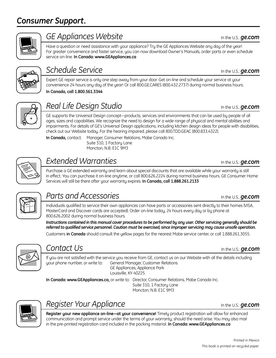 Consumer support, Consumer support. ge appliances website, Schedule service | Real life design studio, Extended warranties, Parts and accessories, Contact us, Register your appliance | GE C2S980 User Manual | Page 64 / 64