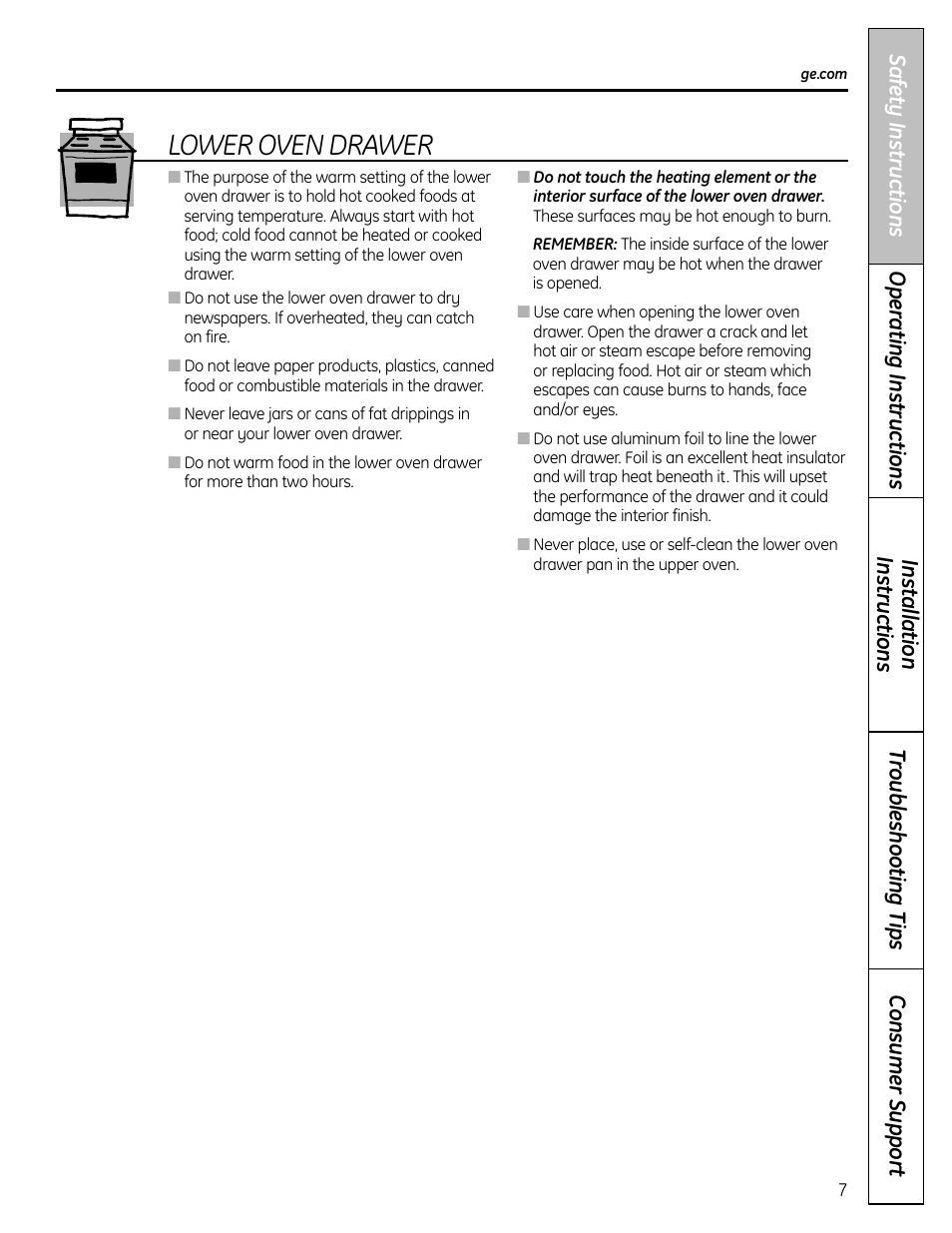 Lower oven drawer | GE C2S980 User Manual | Page 7 / 64