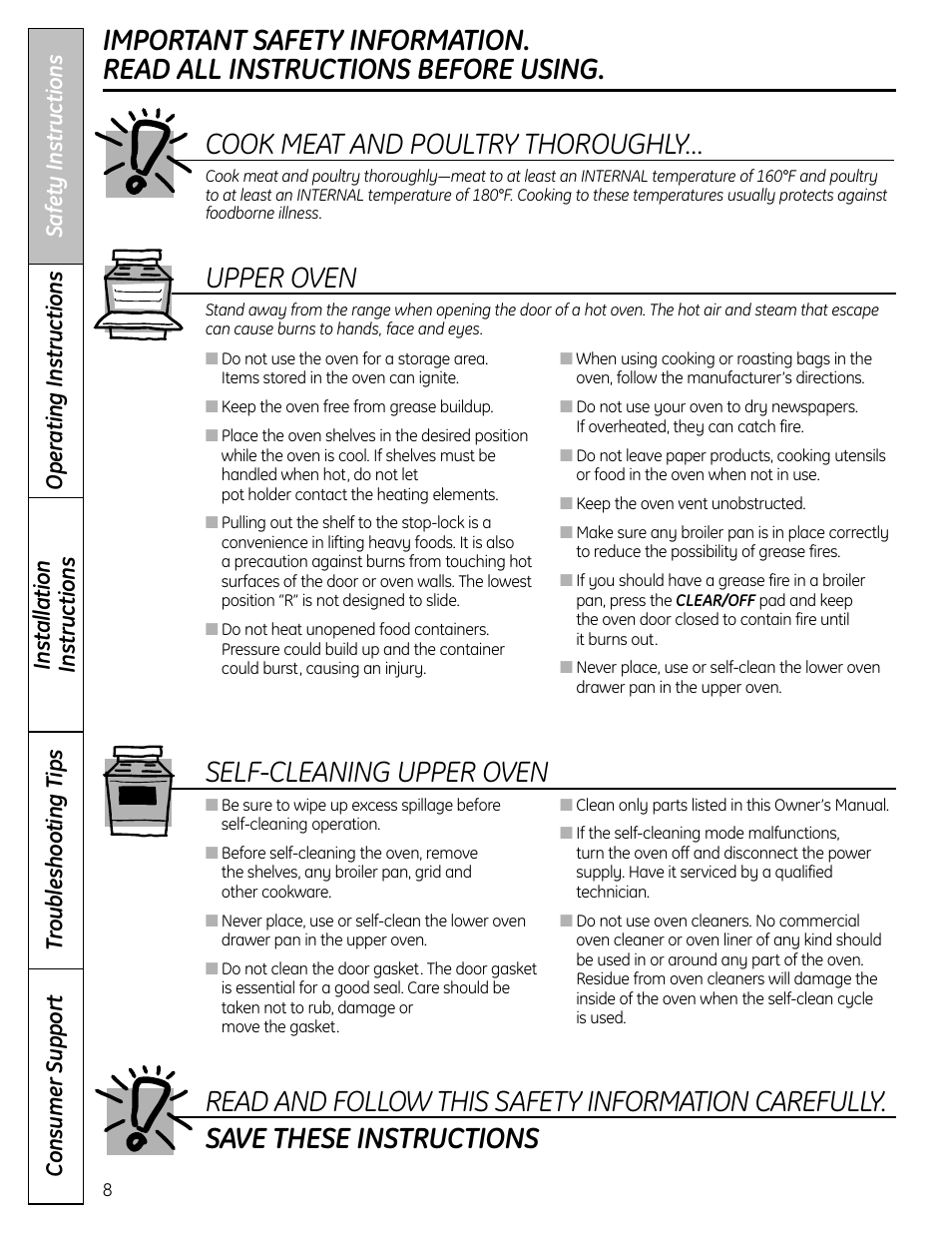 Self-cleaning upper oven, Upper oven cook meat and poultry thoroughly | GE C2S980 User Manual | Page 8 / 64