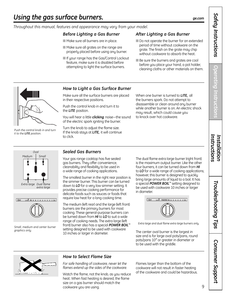 Gas surface burners, Gas surface burners , 11, Using the gas surface burners | GE C2S980 User Manual | Page 9 / 64