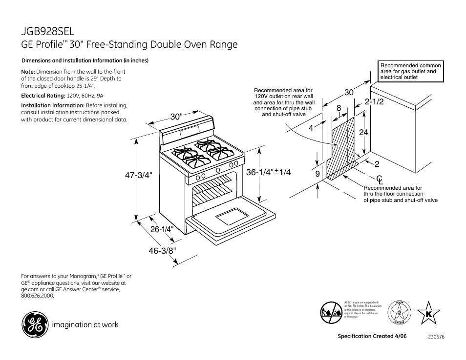 GE FREE-STANDING JGB928SEL User Manual | 2 pages
