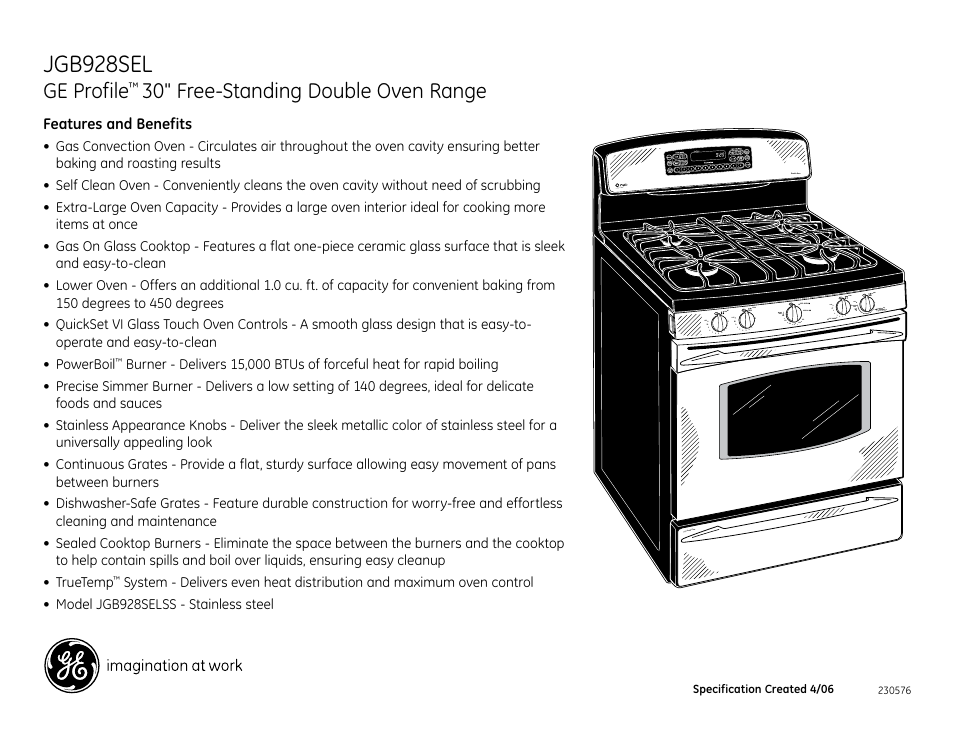 Jgb928sel, Ge profile, 30" free-standing double oven range | GE FREE-STANDING JGB928SEL User Manual | Page 2 / 2