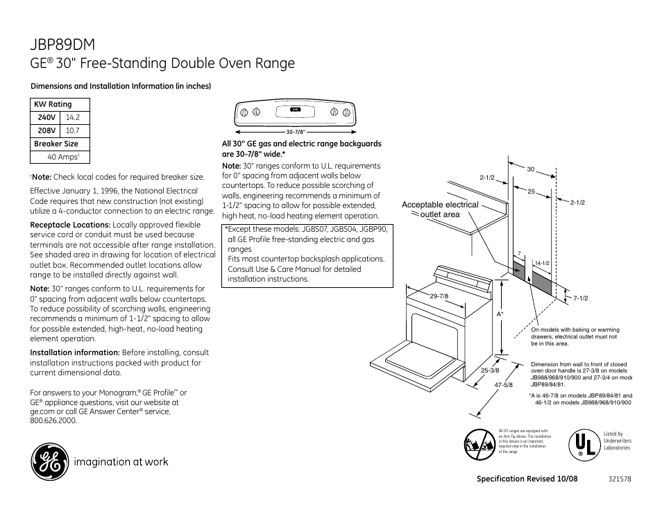 GE JBP89DM User Manual | 2 pages