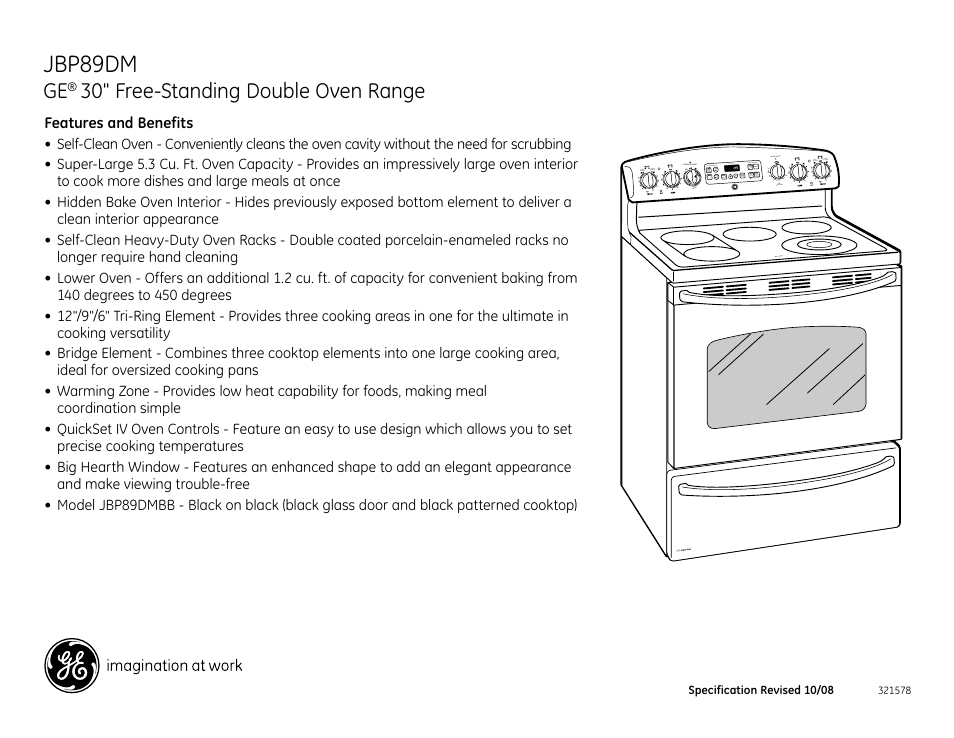 Jbp89dm, 30" free-standing double oven range | GE JBP89DM User Manual | Page 2 / 2