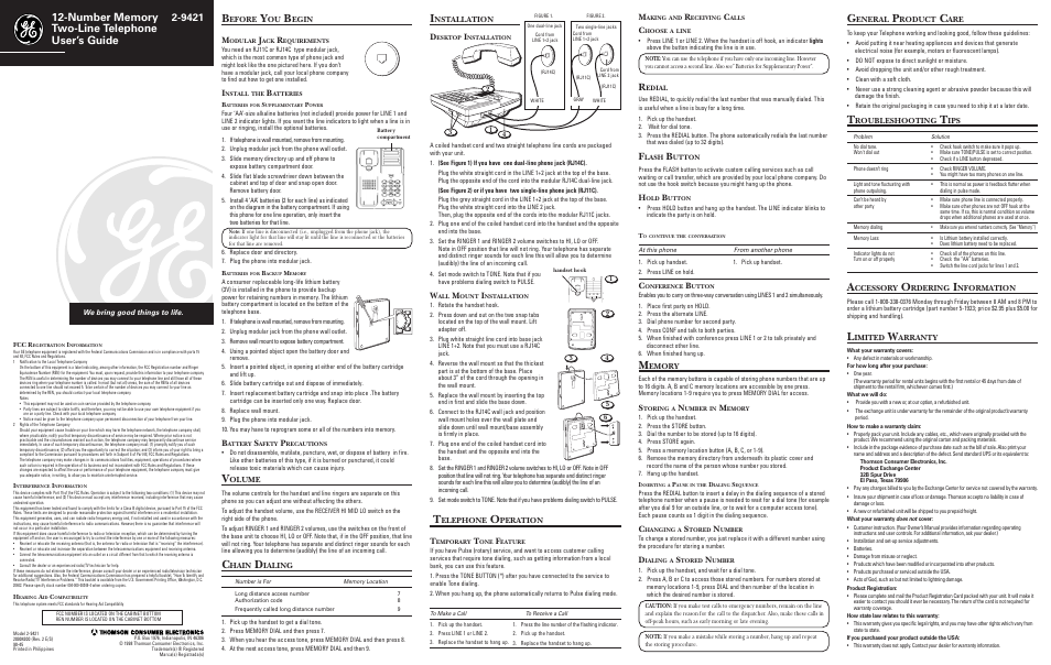 GE 2-942112 User Manual | 1 page