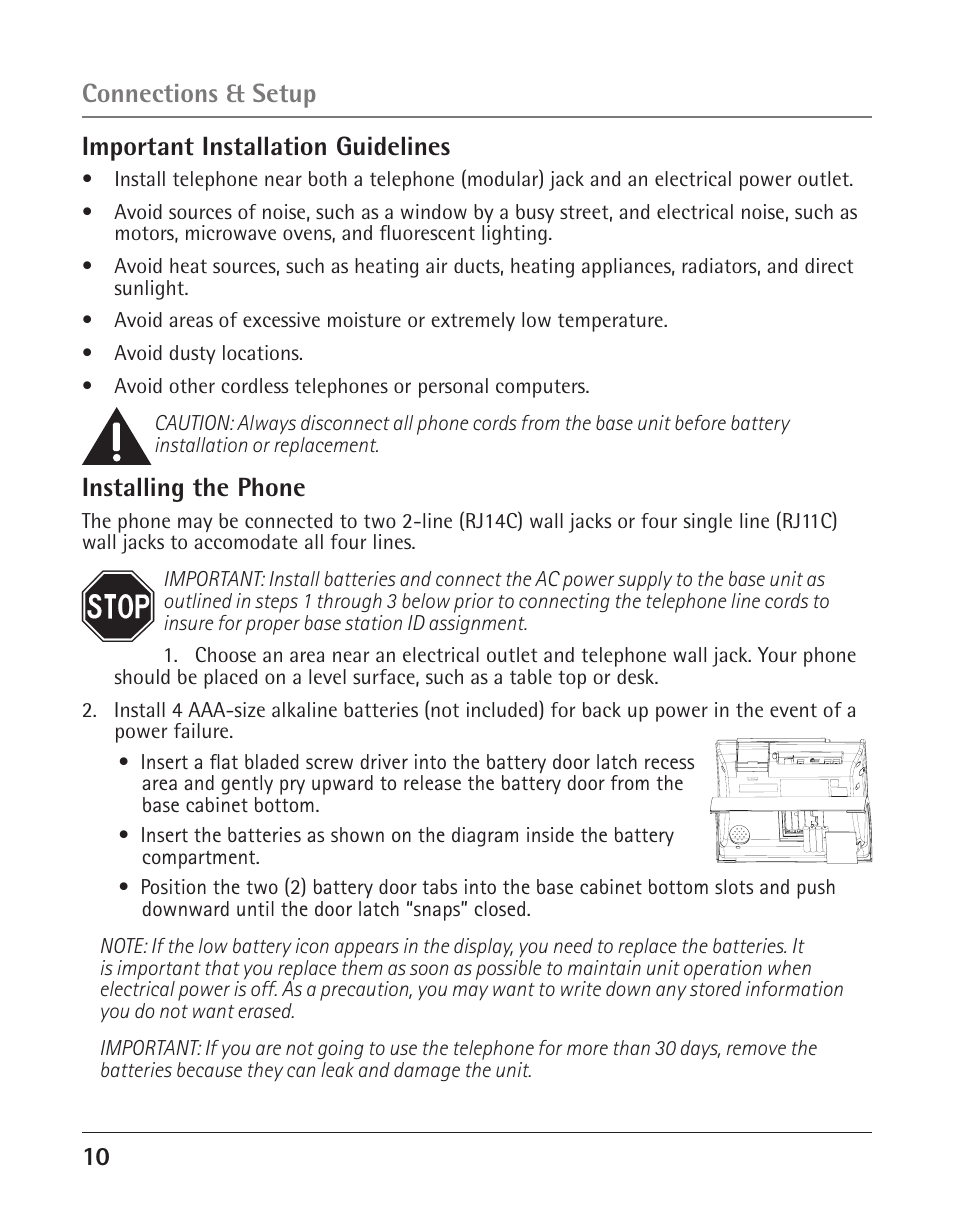 10 important installation guidelines, Installing the phone, Connections & setup | GE 25425 User Manual | Page 10 / 108