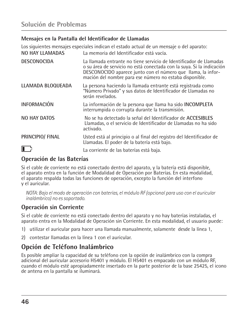 Opción de teléfono inalámbrico, Solución de problemas | GE 25425 User Manual | Page 100 / 108