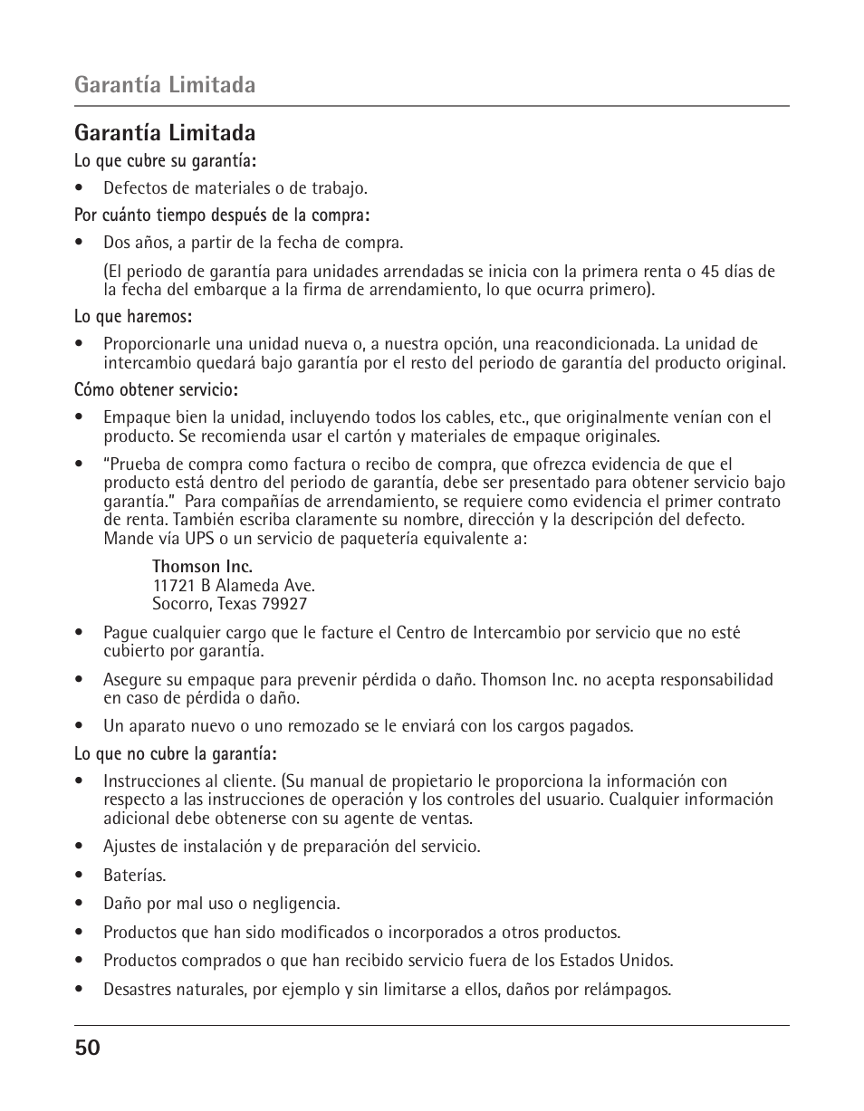 50 garantía limitada, Garantía limitada | GE 25425 User Manual | Page 104 / 108