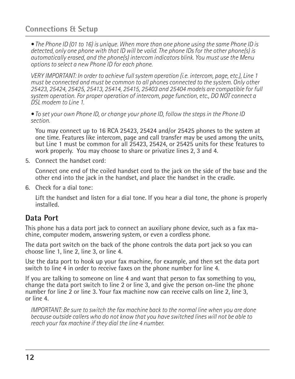 Data port, Connections & setup | GE 25425 User Manual | Page 12 / 108