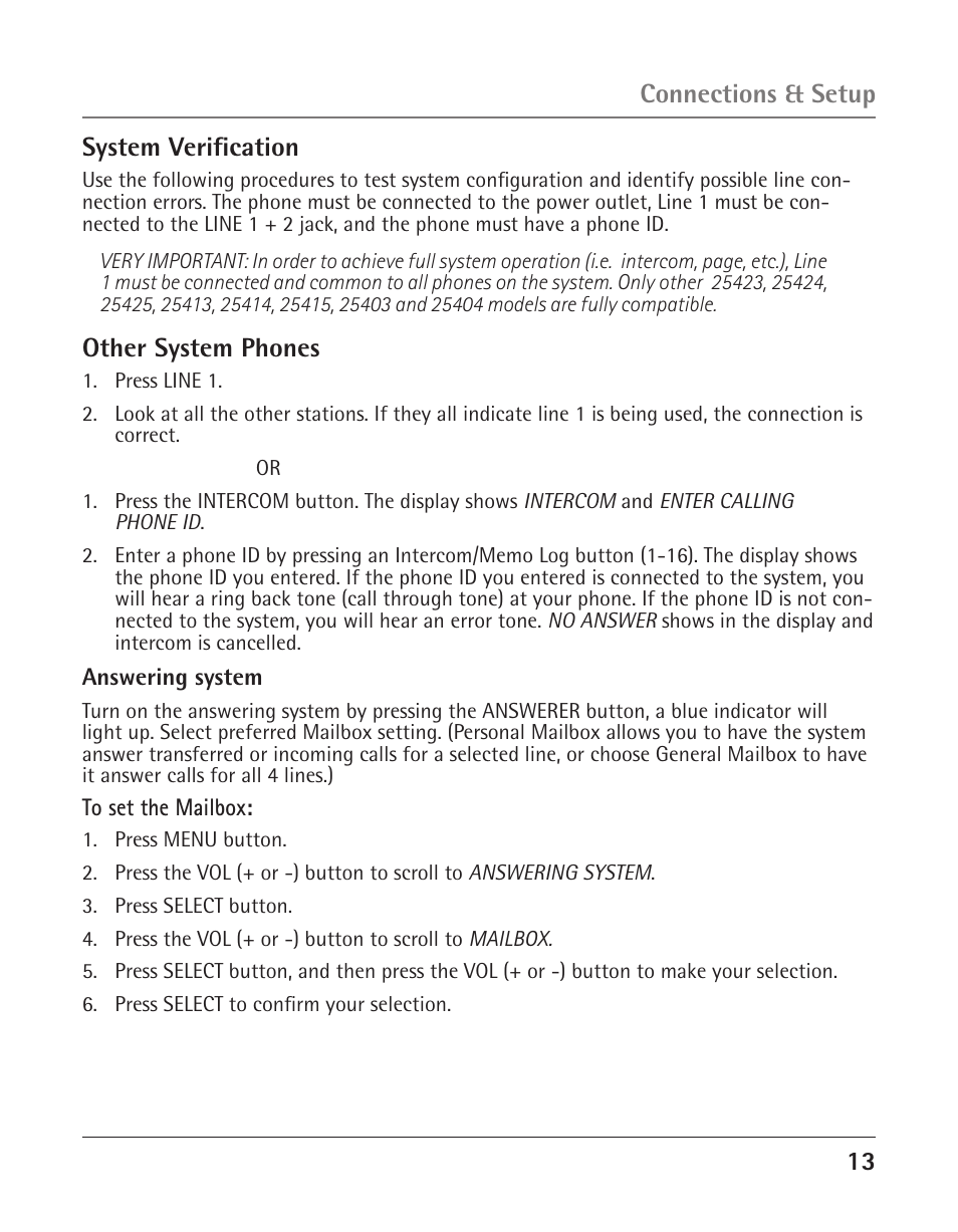 1 system verification, Other system phones, Connections & setup | GE 25425 User Manual | Page 13 / 108