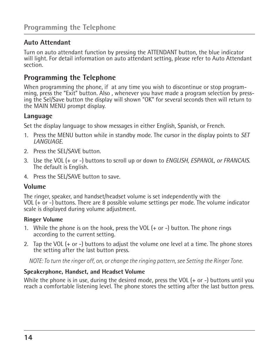 Programming the telephone | GE 25425 User Manual | Page 14 / 108