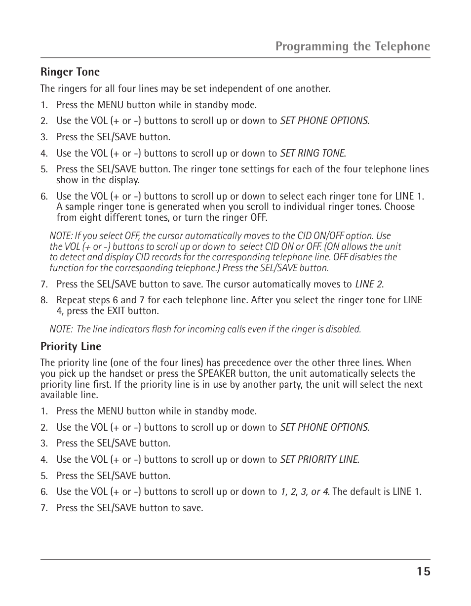 Programming the telephone | GE 25425 User Manual | Page 15 / 108