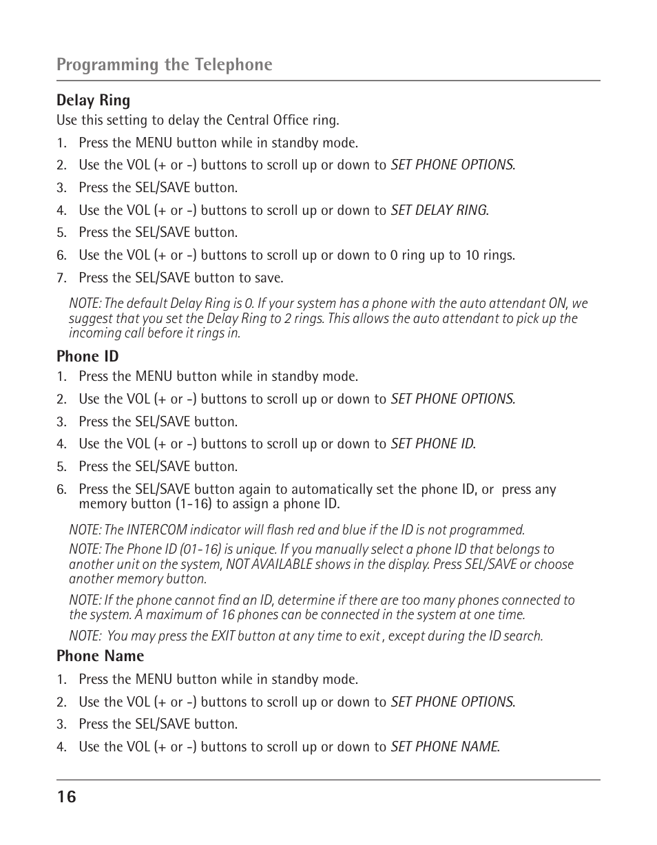 Programming the telephone | GE 25425 User Manual | Page 16 / 108