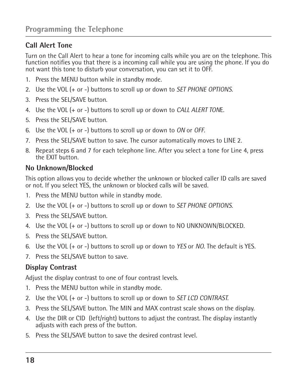 Programming the telephone | GE 25425 User Manual | Page 18 / 108