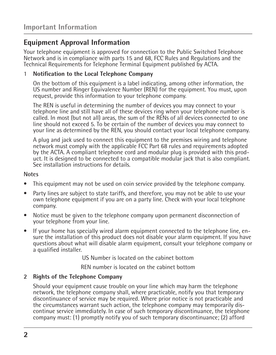 2equipment approval information, Important information | GE 25425 User Manual | Page 2 / 108