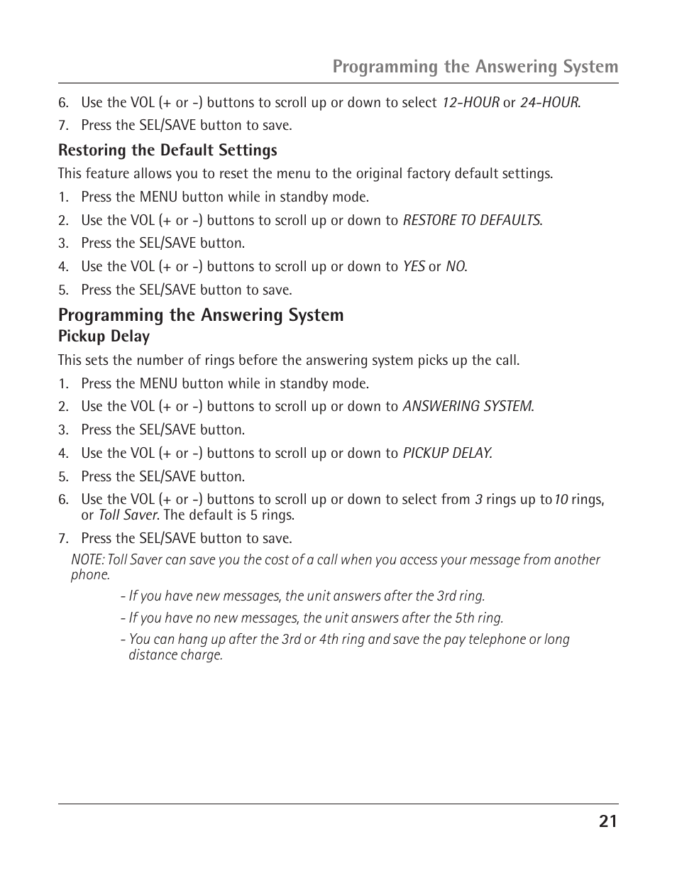 Programming the answering system | GE 25425 User Manual | Page 21 / 108