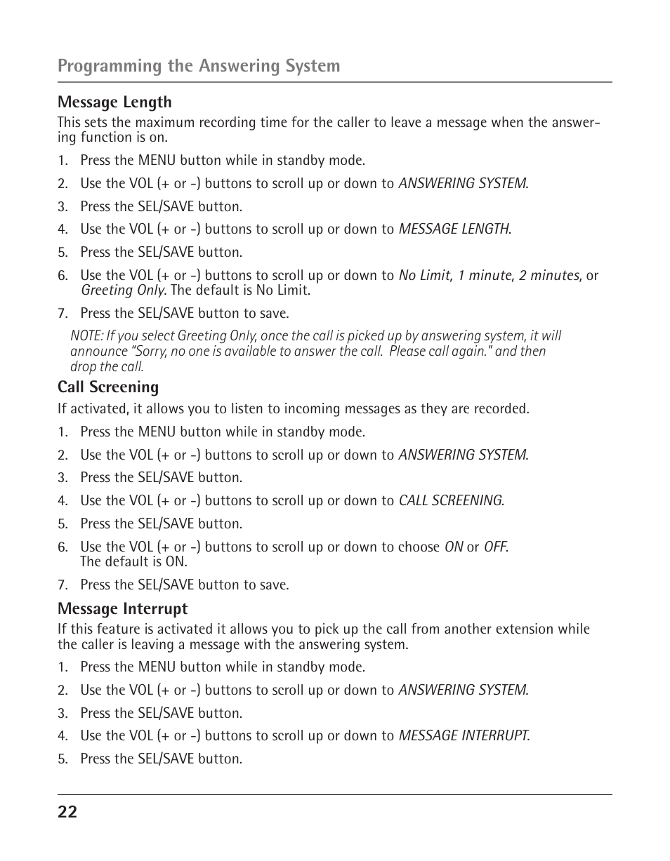 Programming the answering system | GE 25425 User Manual | Page 22 / 108