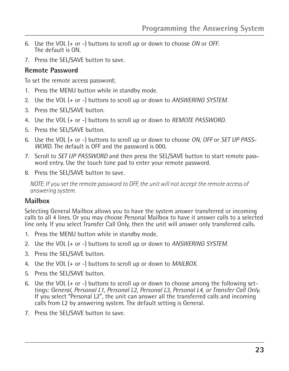 Programming the answering system | GE 25425 User Manual | Page 23 / 108