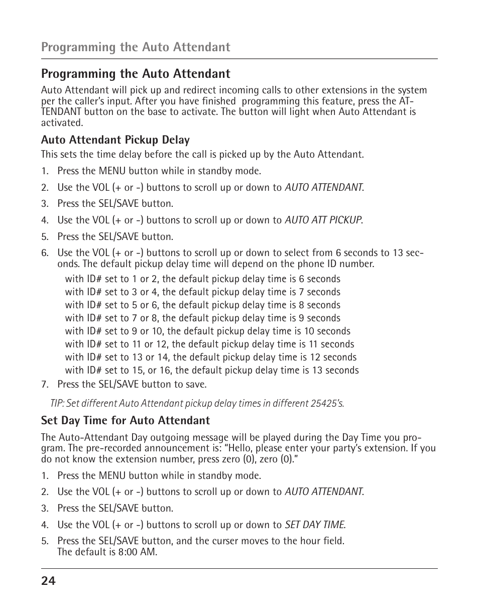 24 programming the auto attendant, Programming the auto attendant | GE 25425 User Manual | Page 24 / 108