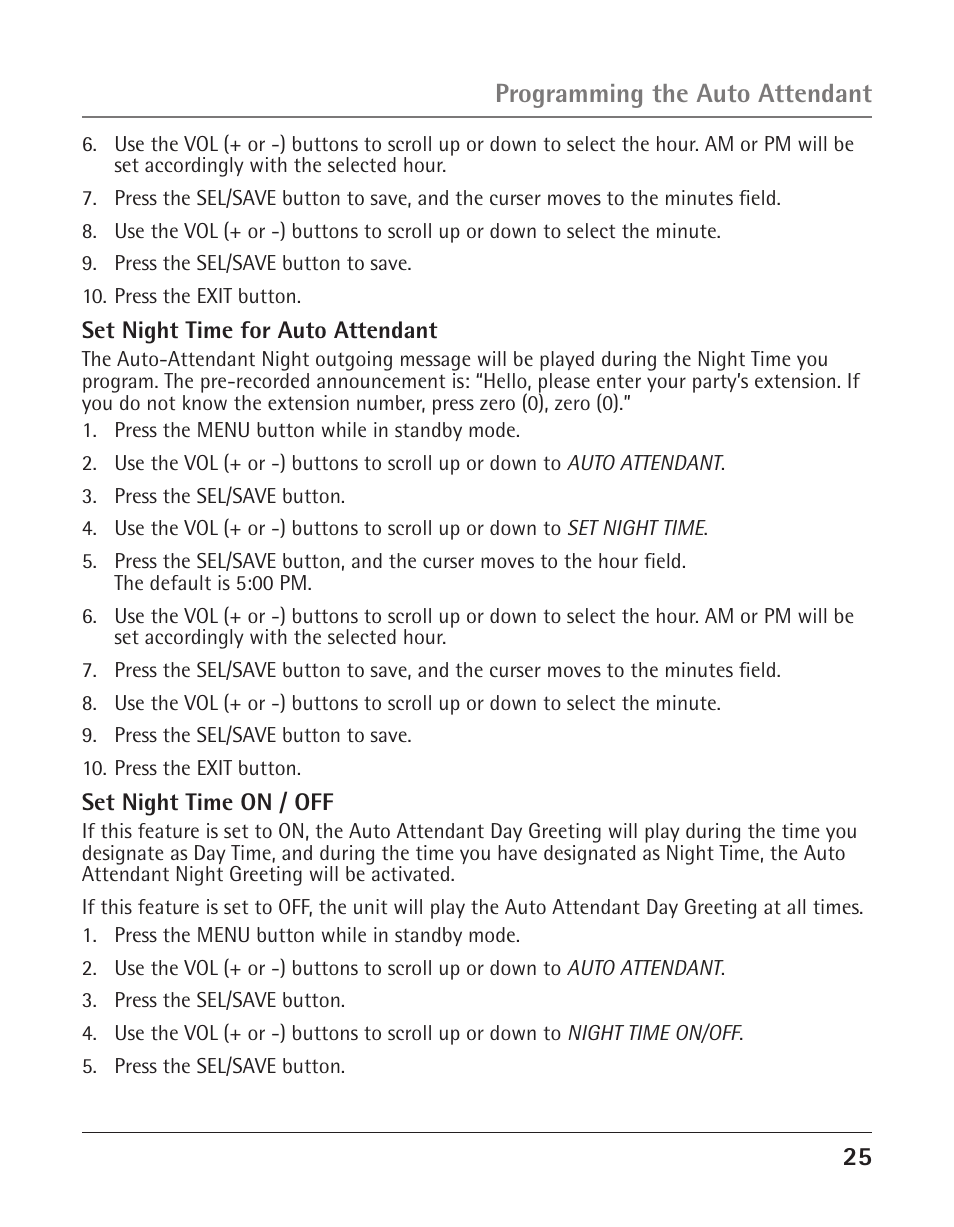 Programming the auto attendant | GE 25425 User Manual | Page 25 / 108