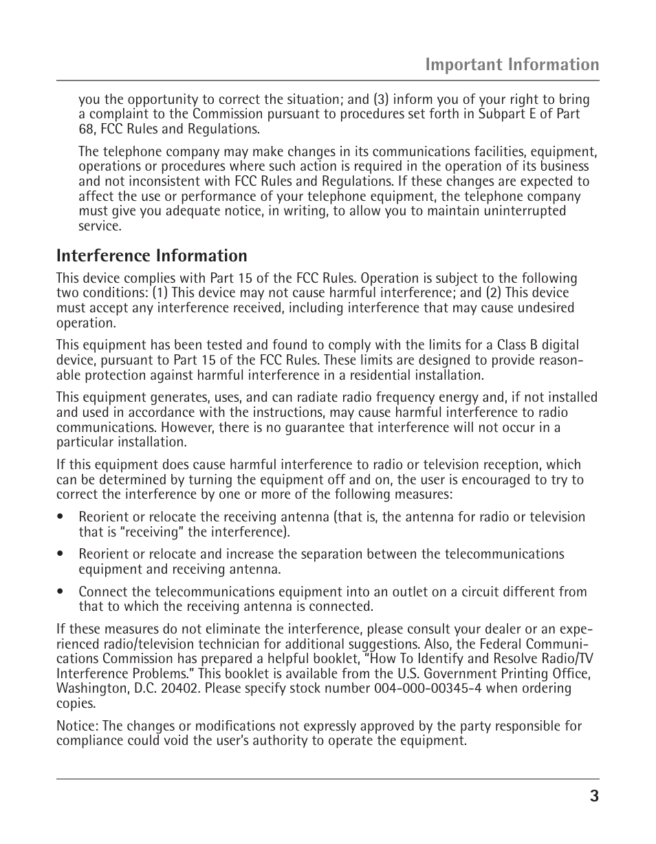 Important information, Interference information | GE 25425 User Manual | Page 3 / 108