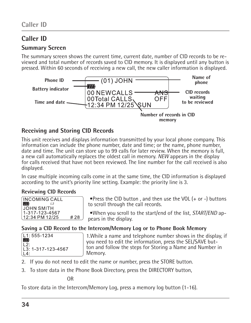 4 caller id, Caller id | GE 25425 User Manual | Page 34 / 108