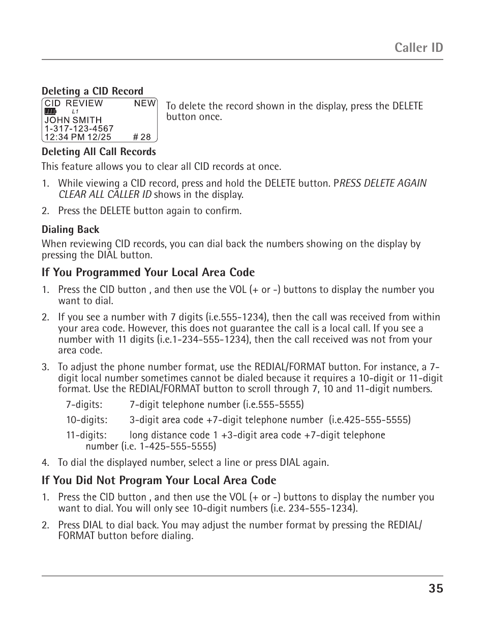 Caller id | GE 25425 User Manual | Page 35 / 108