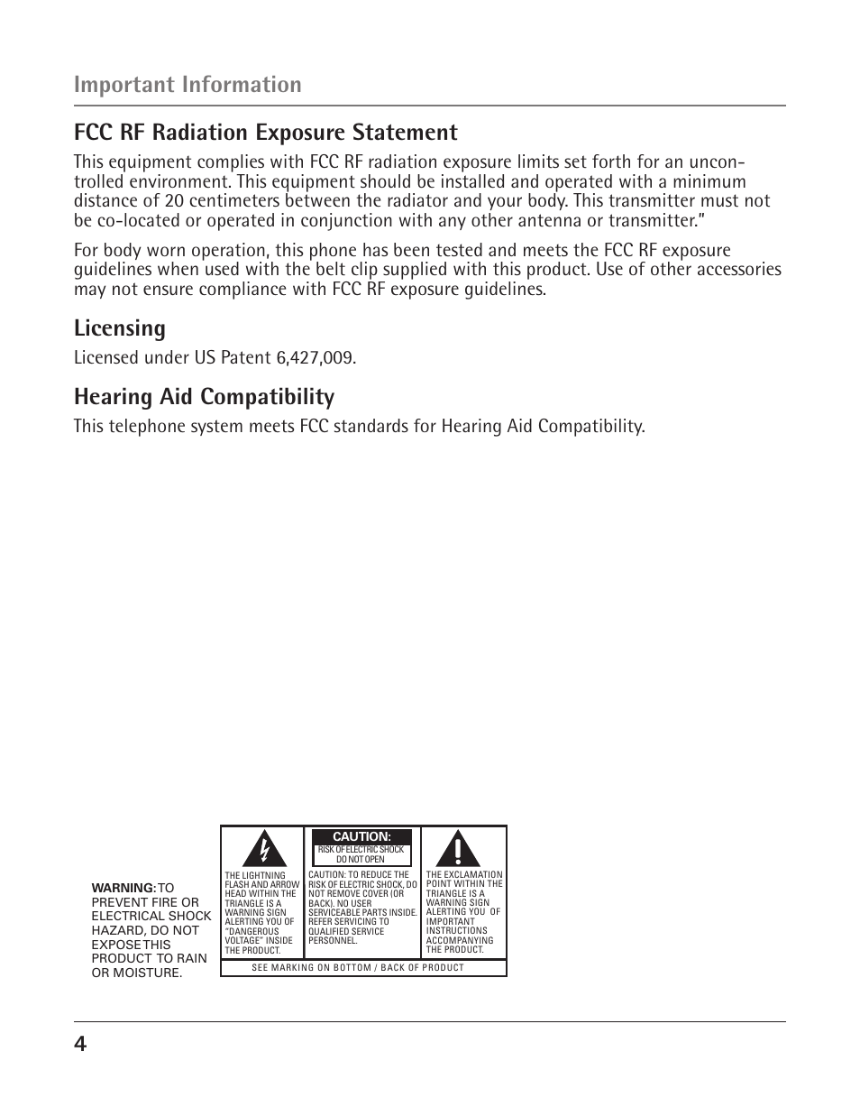 Fcc rf radiation exposure statement, Licensing, Hearing aid compatibility | Important information | GE 25425 User Manual | Page 4 / 108