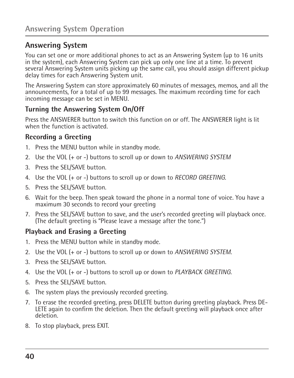 40 answering system, Answering system operation | GE 25425 User Manual | Page 40 / 108