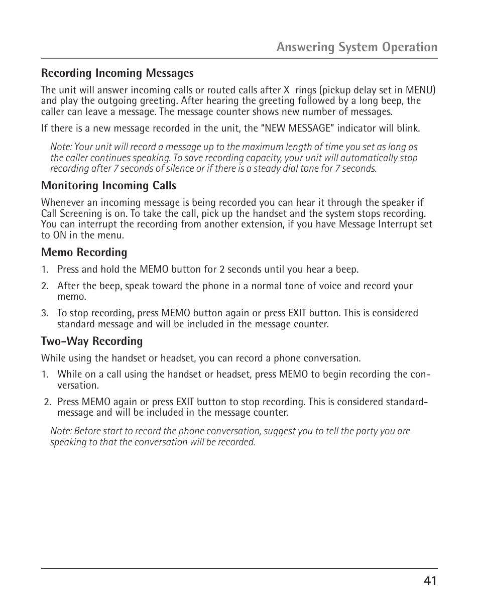 Answering system operation | GE 25425 User Manual | Page 41 / 108