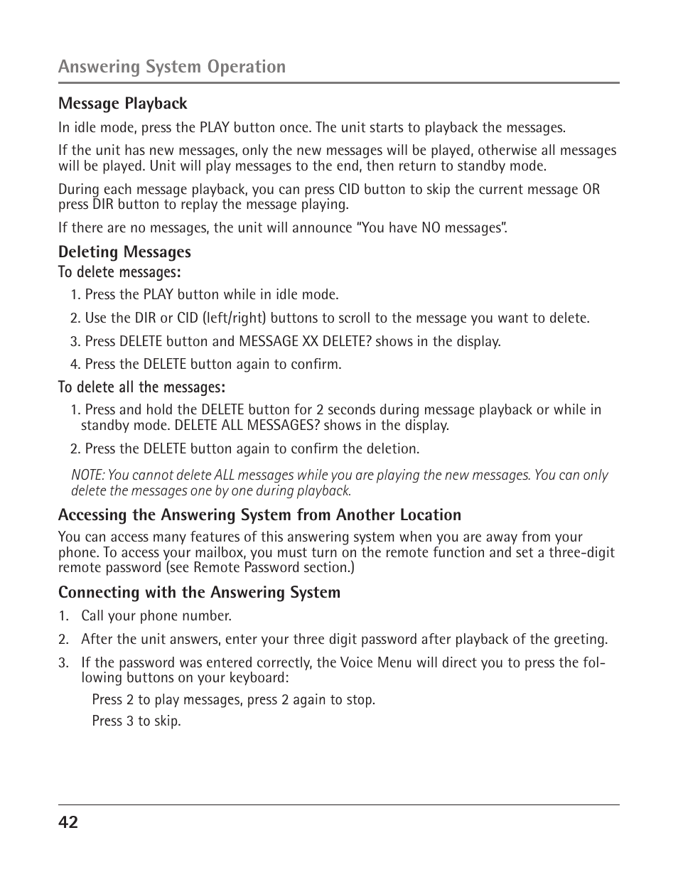 Answering system operation | GE 25425 User Manual | Page 42 / 108