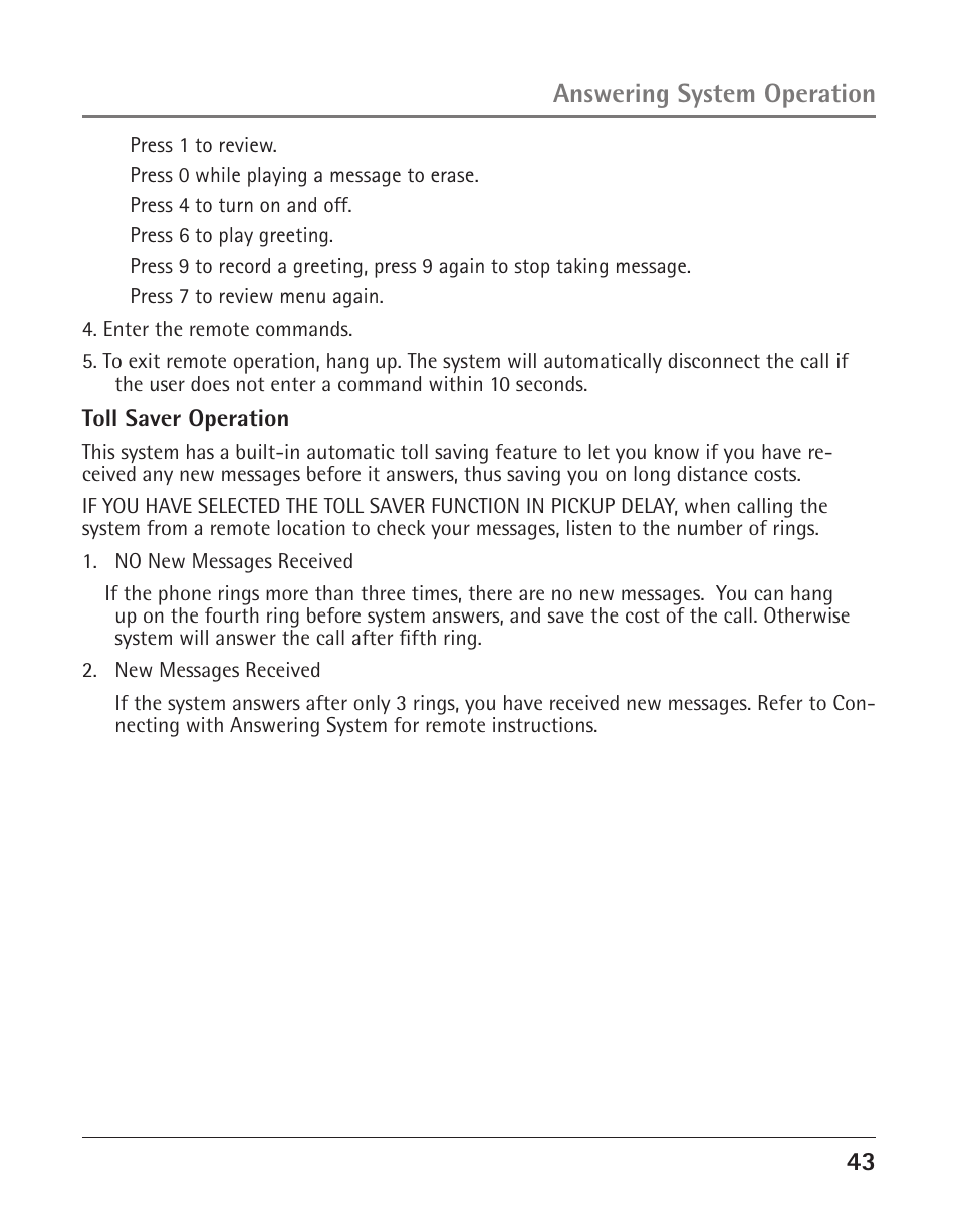 Answering system operation | GE 25425 User Manual | Page 43 / 108