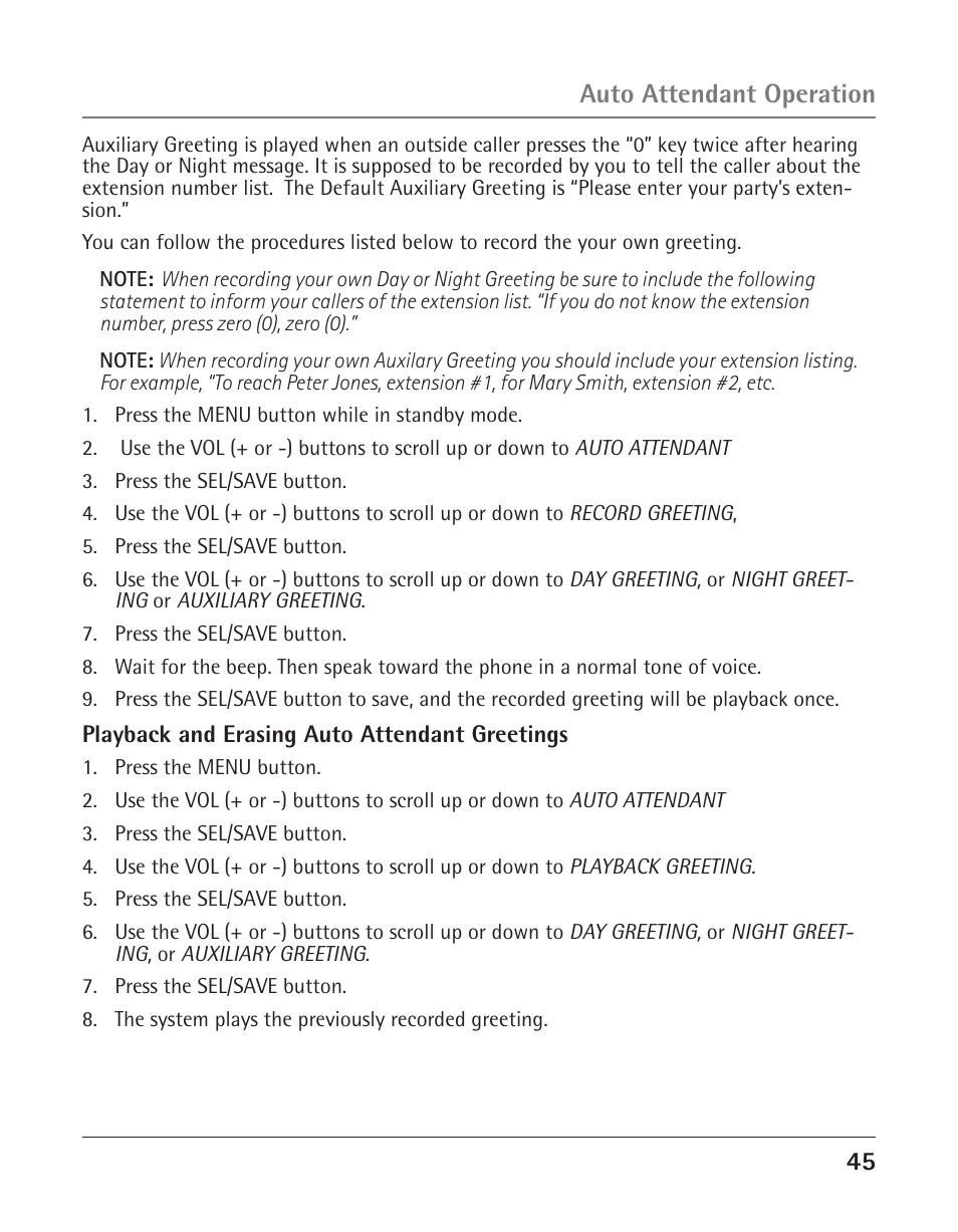 Auto attendant operation | GE 25425 User Manual | Page 45 / 108
