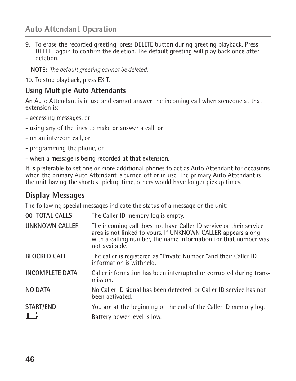 Display messages, Auto attendant operation | GE 25425 User Manual | Page 46 / 108