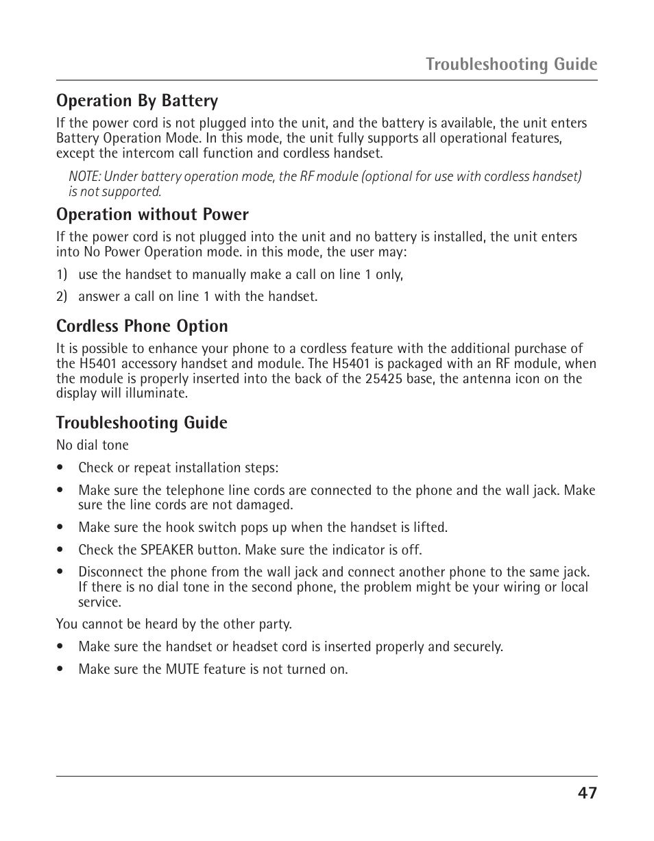 4 operation by battery, Operation without power, Cordless phone option | Troubleshooting guide | GE 25425 User Manual | Page 47 / 108