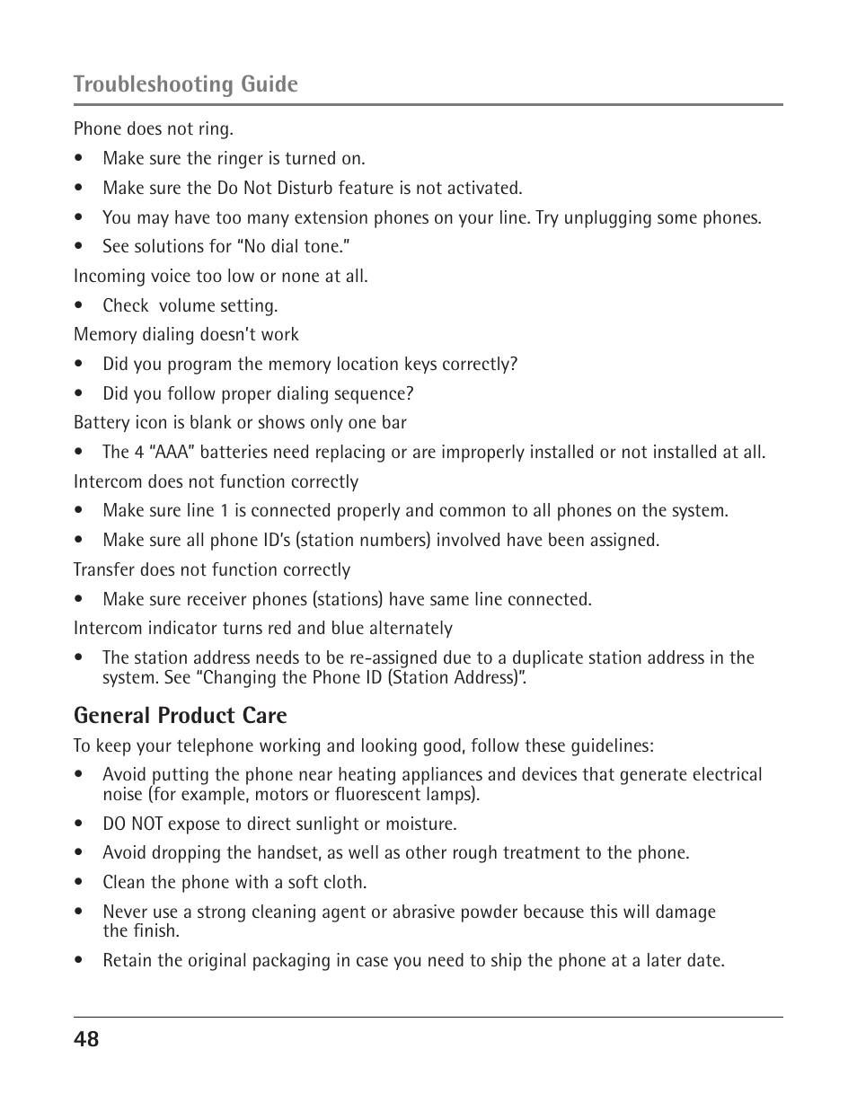 General product care, Troubleshooting guide | GE 25425 User Manual | Page 48 / 108