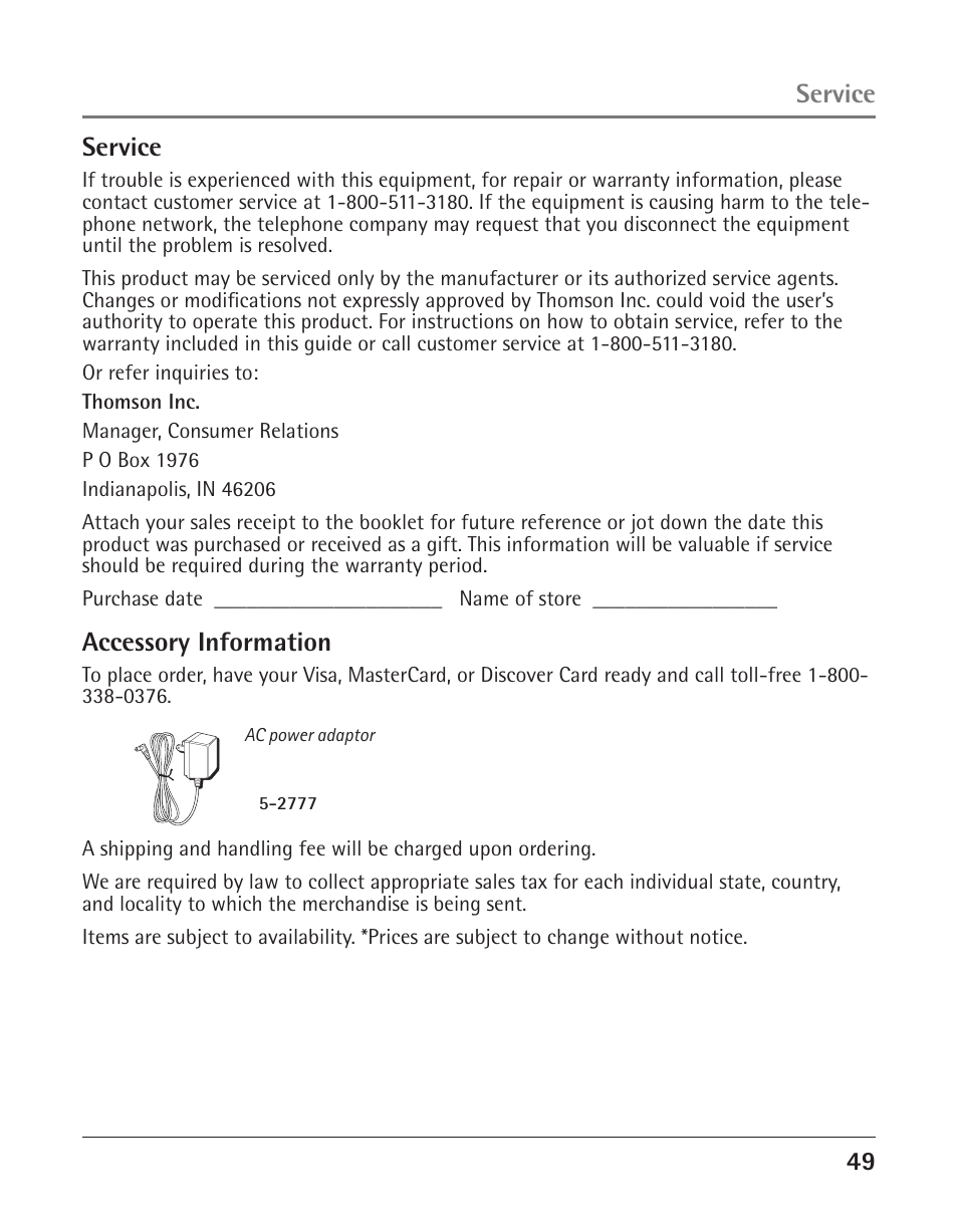 4 service, Accessory information, Service | GE 25425 User Manual | Page 49 / 108