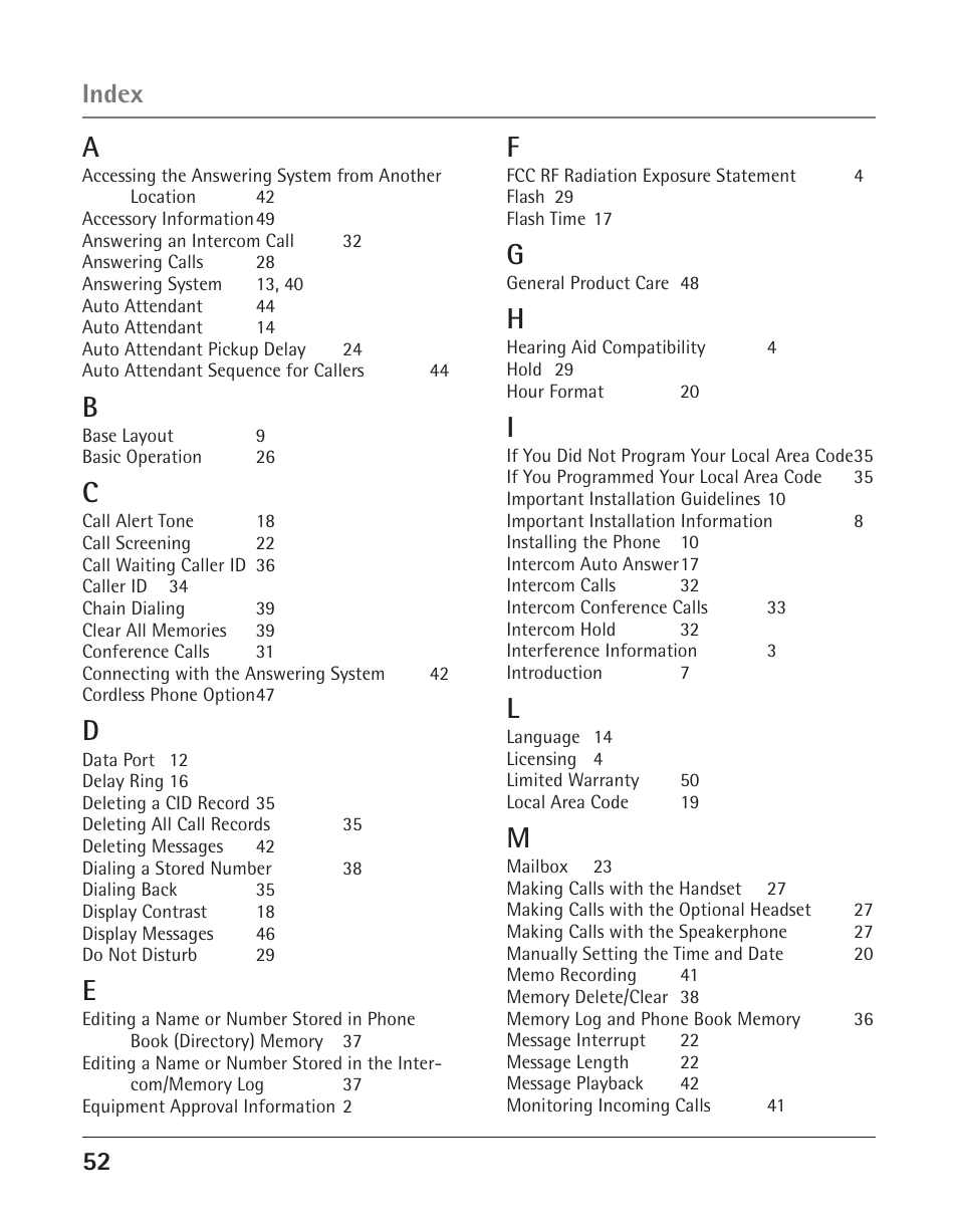 Index | GE 25425 User Manual | Page 52 / 108