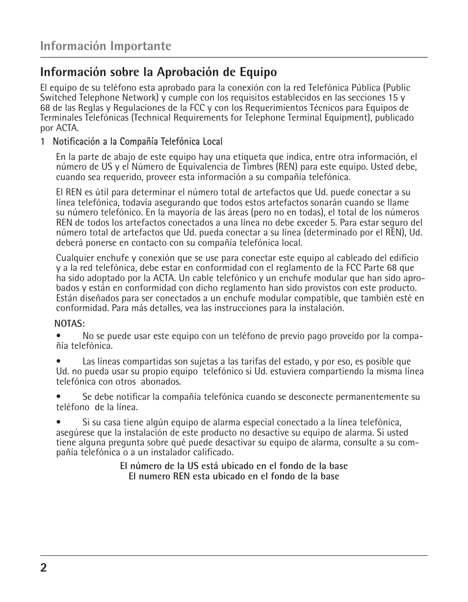 2información sobre la aprobación de equipo, Información importante | GE 25425 User Manual | Page 56 / 108