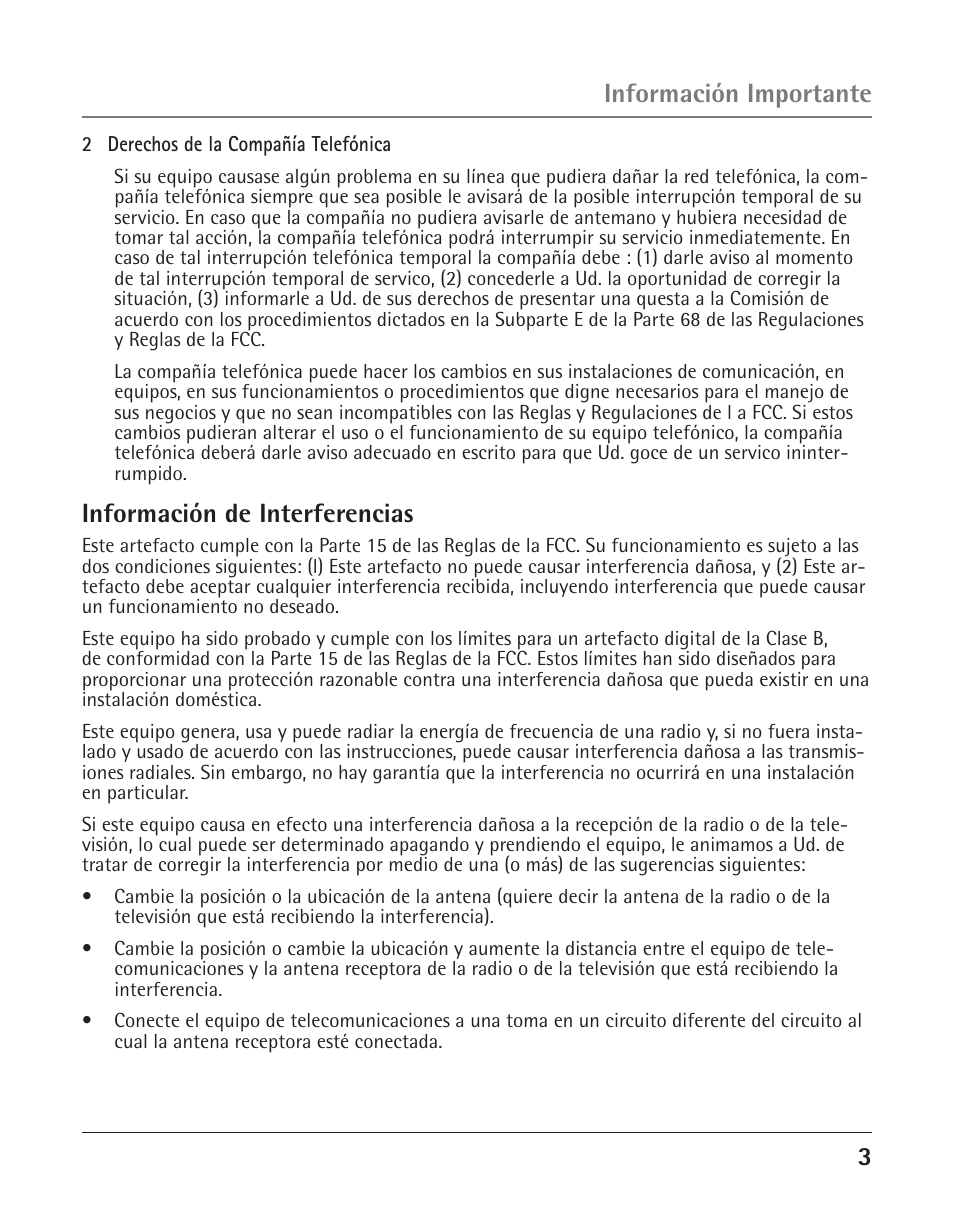 Información importante, Información de interferencias | GE 25425 User Manual | Page 57 / 108