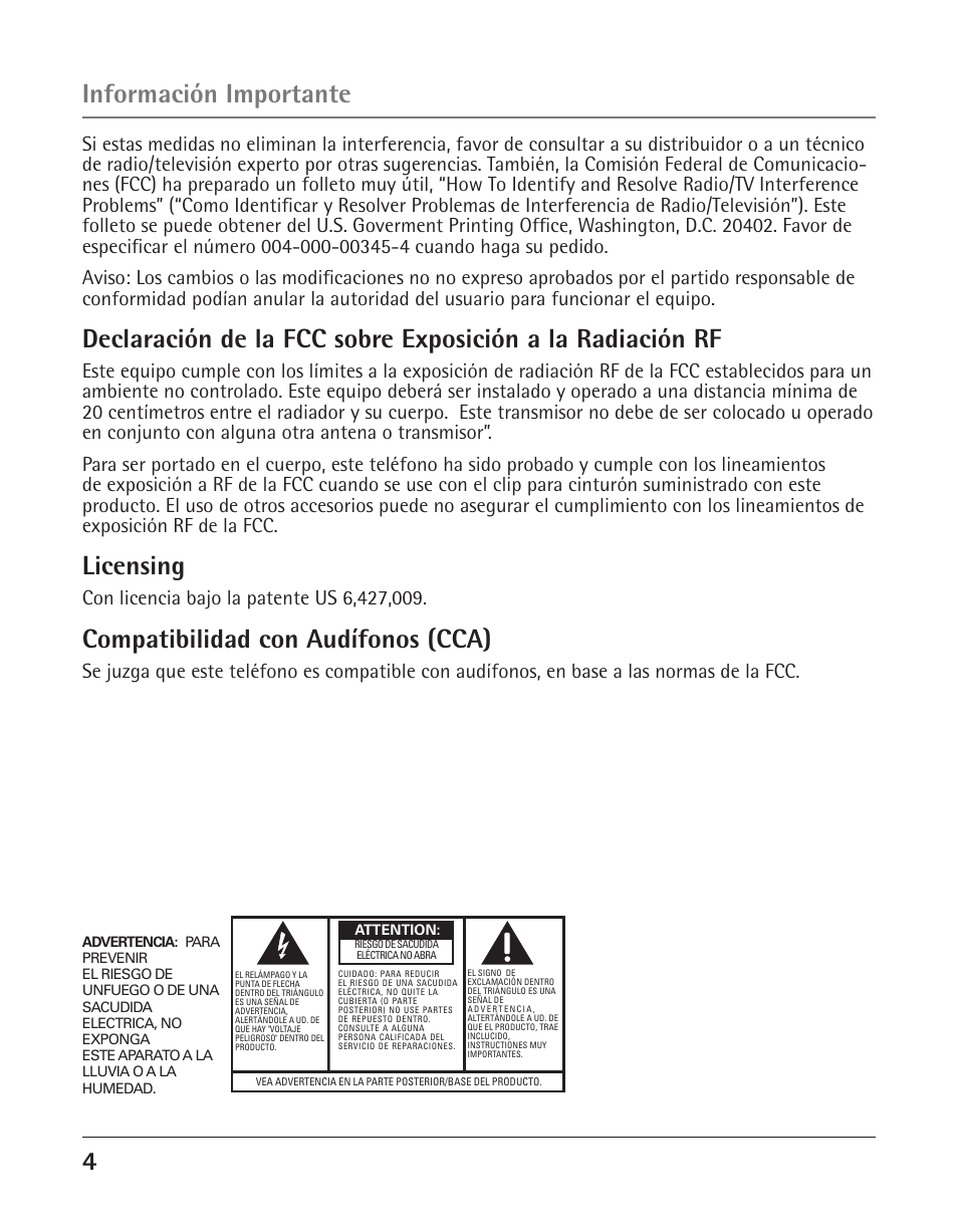 Licensing, Compatibilidad con audífonos (cca), Información importante | GE 25425 User Manual | Page 58 / 108