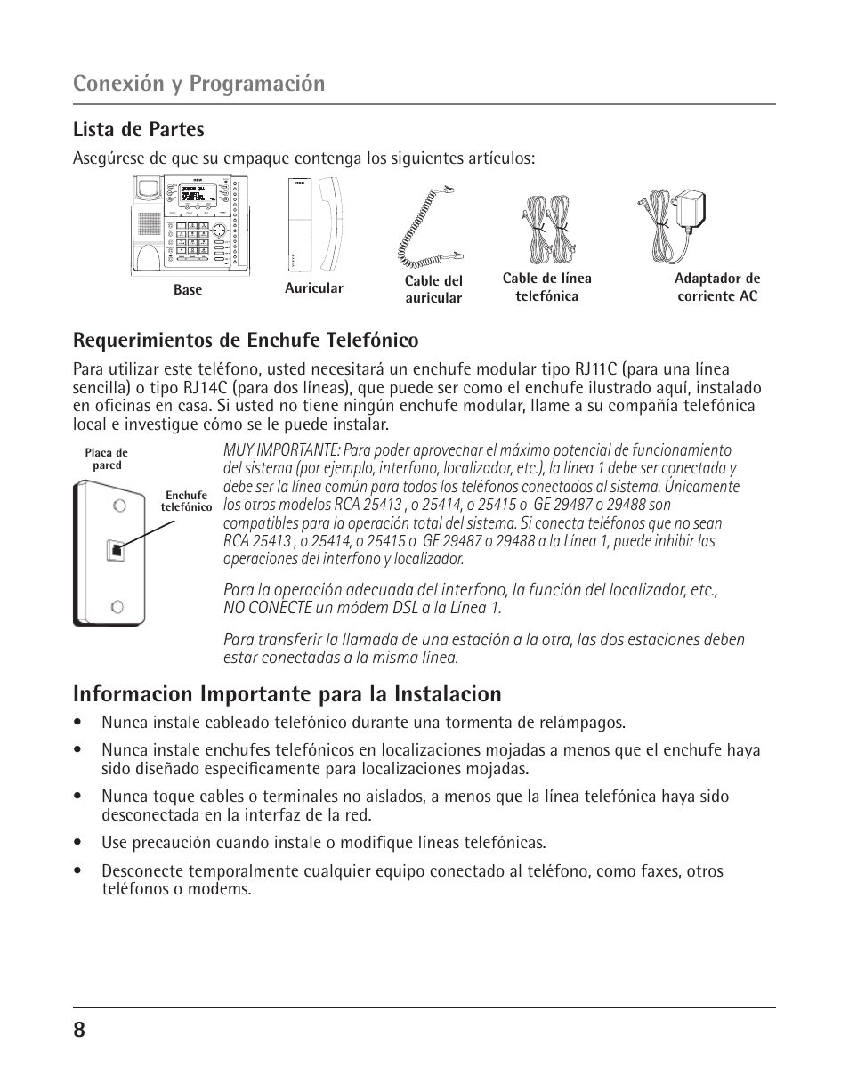 Informacion importante para la instalacion, Conexión y programación, Lista de partes | Requerimientos de enchufe telefónico | GE 25425 User Manual | Page 62 / 108