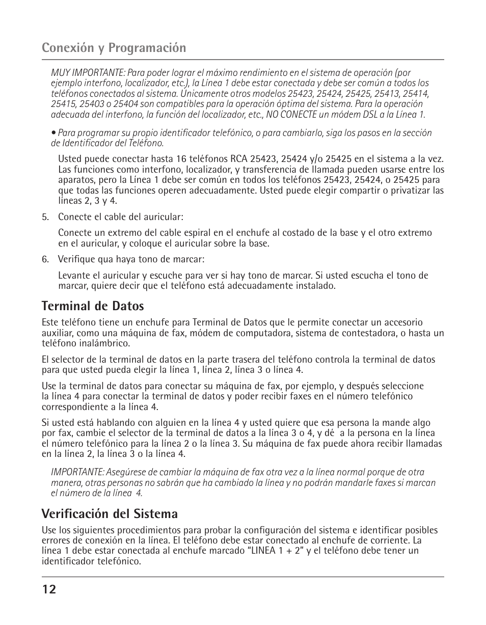 12 conexión y programación, Terminal de datos, Verificación del sistema | GE 25425 User Manual | Page 66 / 108