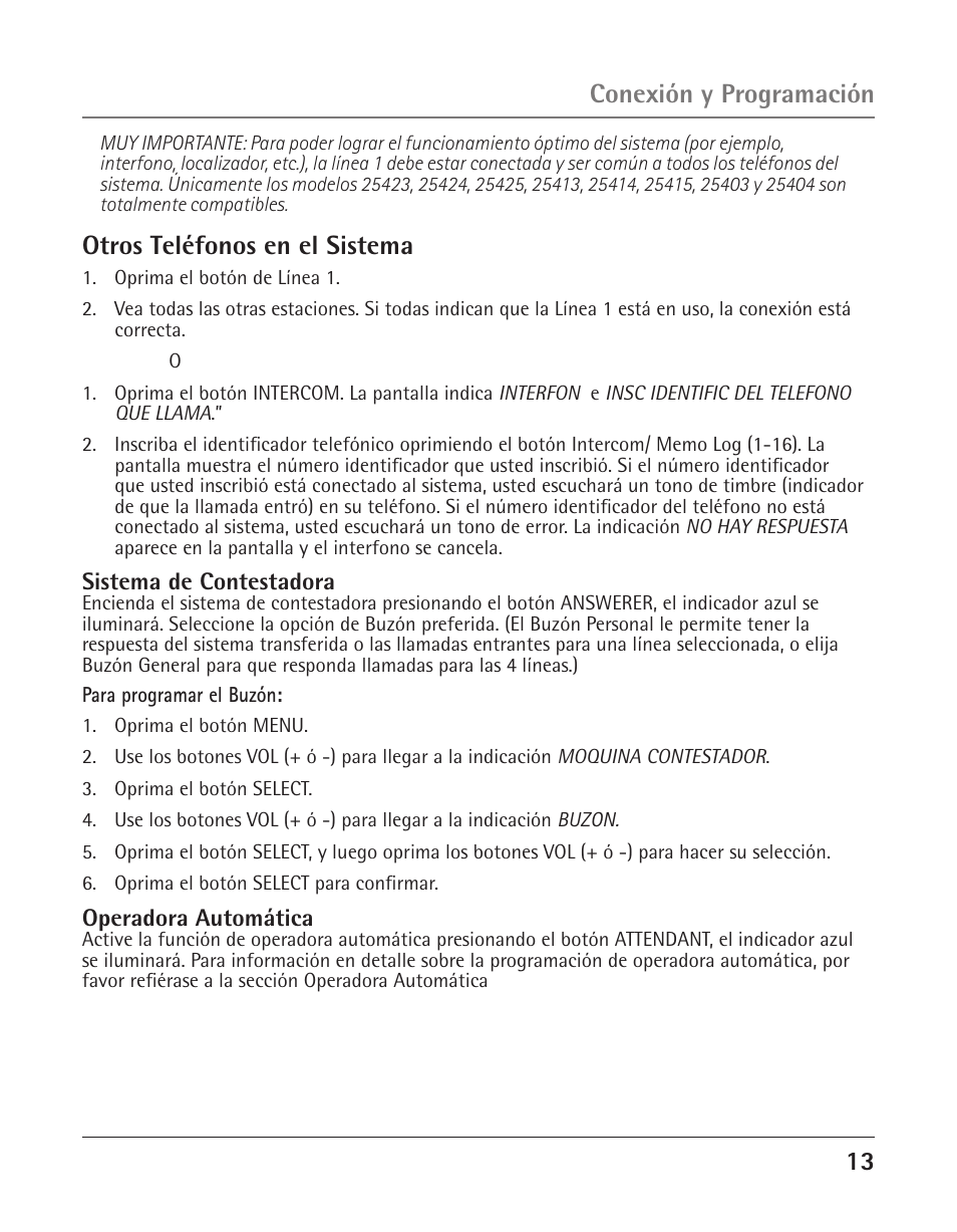 Otros teléfonos en el sistema, Conexión y programación | GE 25425 User Manual | Page 67 / 108